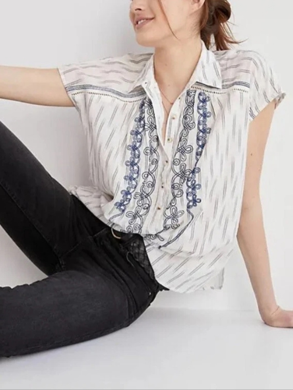 NWT Anthropologie Pilcro Embroidered Striped Popover Top XS Oversized Boho ✨